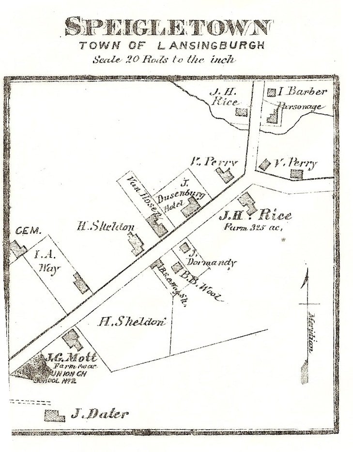 An 1876 map of Speigletown, then part of the Town of Lansingburgh, showing named farms, a hotel, church, and school along the Route 40 corridor near the Fogarty Road crossroads.