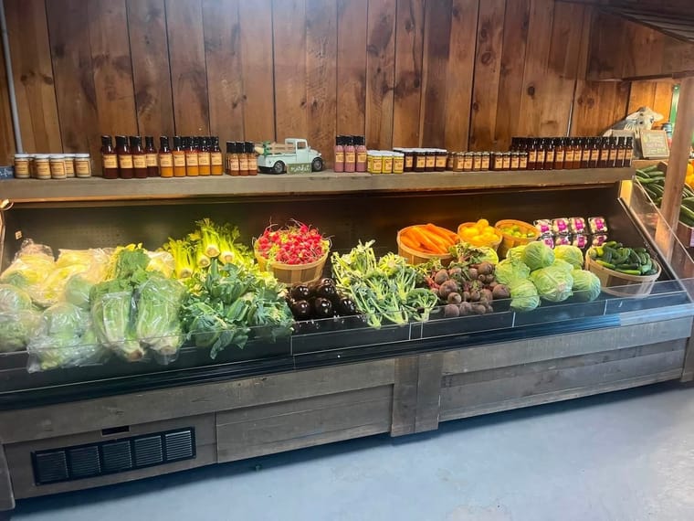 A refrigerated produce case filled with lettuce, celery, radishes, carrots, beets, and cabbage.