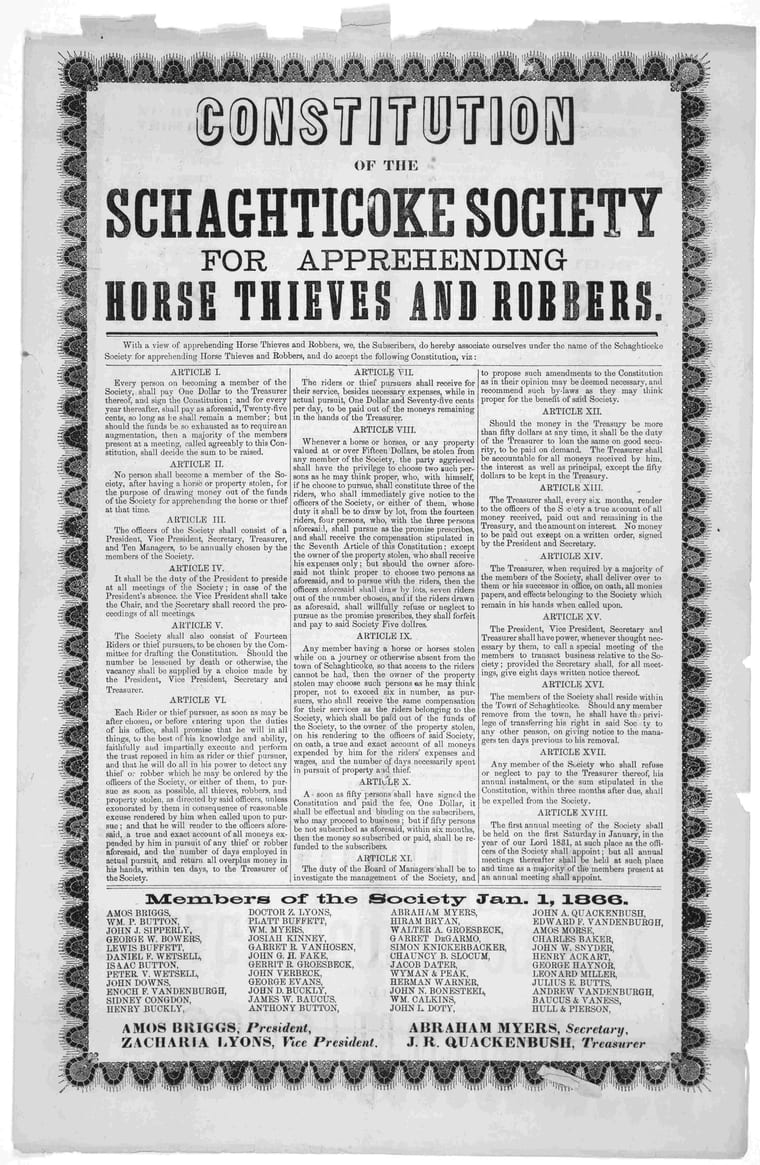 An 1866 printed broadside titled 'Constitution of the Schaghticoke Society for Apprehending Horse Thieves and Robbers,' with eighteen articles set in three columns above a list of members.