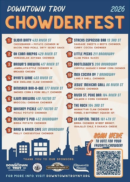 Downtown Troy Chowderfest 2026 lineup poster listing the 17 participating restaurants, their addresses and chowders, with a QR code to vote for your favorite chowder and the sponsor logos of Downtown Troy BID, the City of Troy, Westminster Bakers Co. and Stewart's Shops.