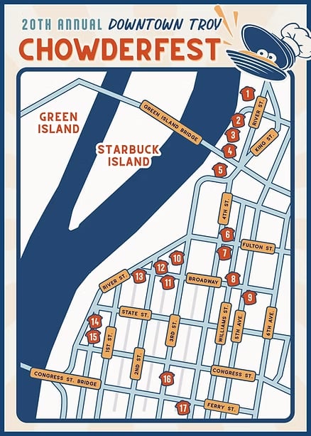 Illustrated map of downtown Troy for the 20th annual Chowderfest, with numbered stops 1 through 17 along River Street, Fulton Street, Broadway, 3rd Street, 4th Street and Ferry Street, between the Green Island Bridge and the Congress Street Bridge.