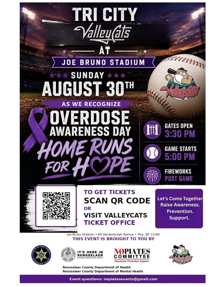 Purple-and-black flyer for Home Runs for Hope: Tri-City ValleyCats at Joe Bruno Stadium, Sunday August 30th, as we recognize Overdose Awareness Day. Gates open 3:30 PM, game starts 5:00 PM, fireworks post game. A purple awareness ribbon, a QR code for tickets, and sponsor logos for the Rensselaer County Sheriff, county tourism, the Nopiates Committee, the ValleyCats, and the county health and mental health departments.