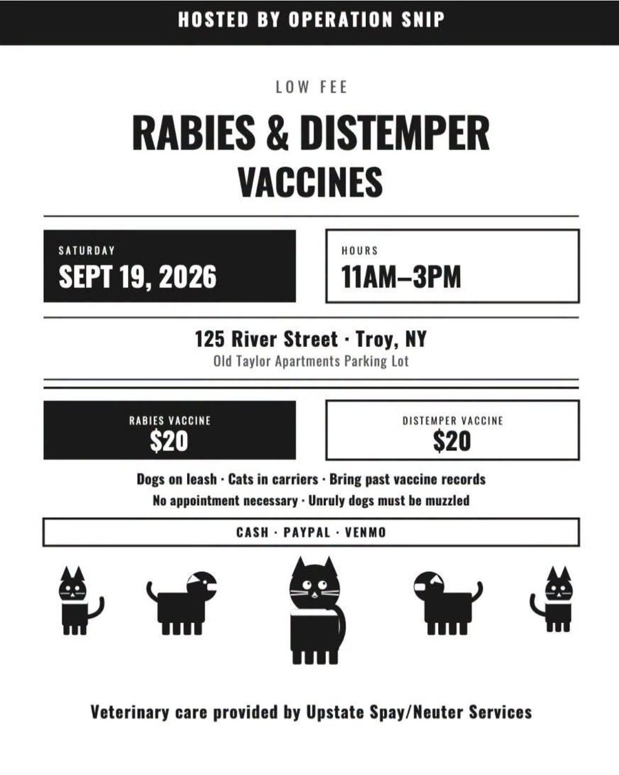Black-and-white flyer: Hosted by Operation Snip. Low fee rabies and distemper vaccines. Saturday Sept 19, 2026, 11am to 3pm, 125 River Street, Troy NY, Old Taylor Apartments parking lot. Rabies vaccine $20, distemper vaccine $20. Dogs on leash, cats in carriers, bring past vaccine records. No appointment necessary, unruly dogs must be muzzled. Cash, PayPal, Venmo. Veterinary care provided by Upstate Spay/Neuter Services. A row of blocky cartoon cats and dogs along the bottom.