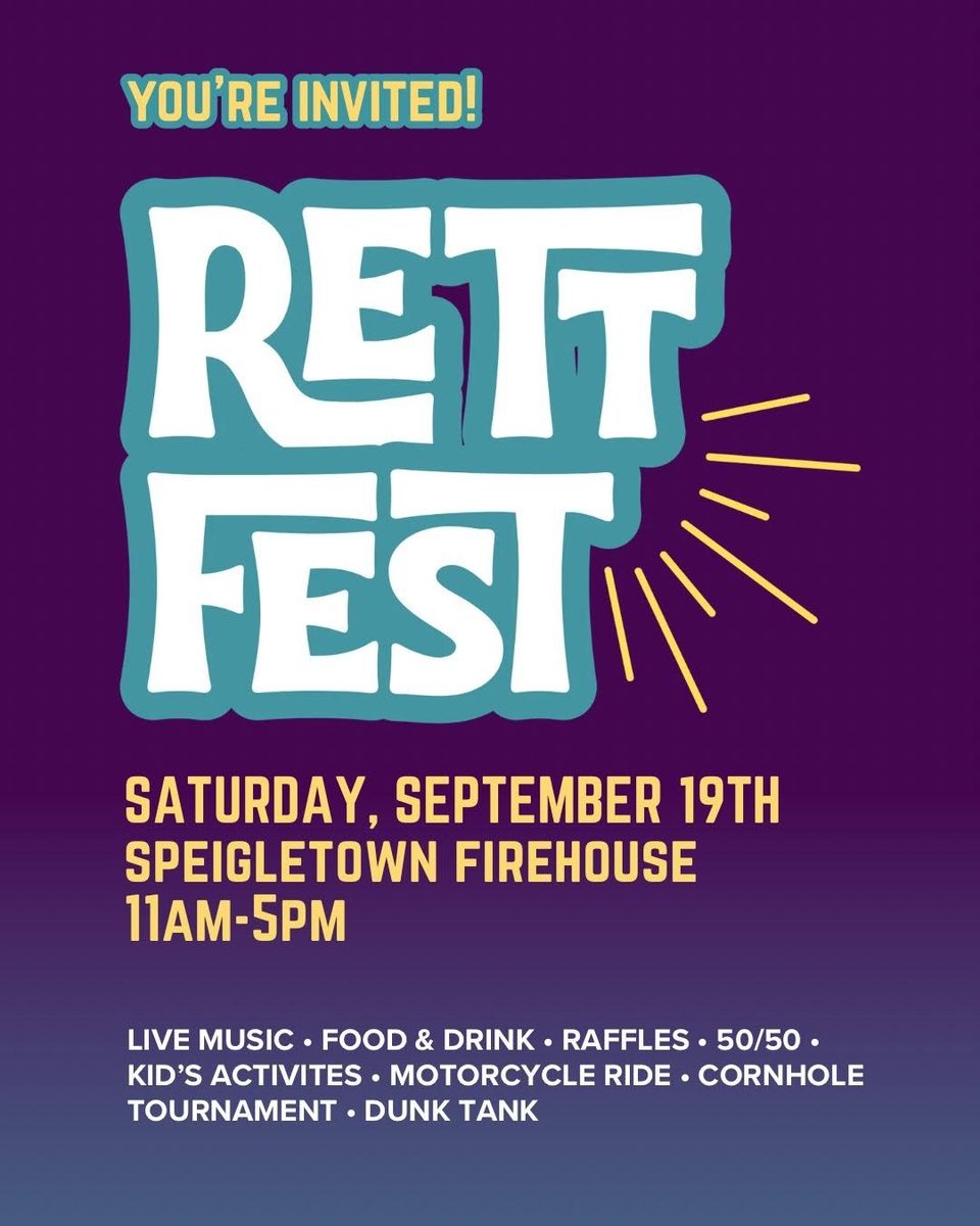 Rett Fest flyer: You're invited! Saturday, September 19th, Speigletown Firehouse, 11 AM to 5 PM — live music, food and drink, raffles, 50/50, kids' activities, motorcycle ride, cornhole tournament, dunk tank.